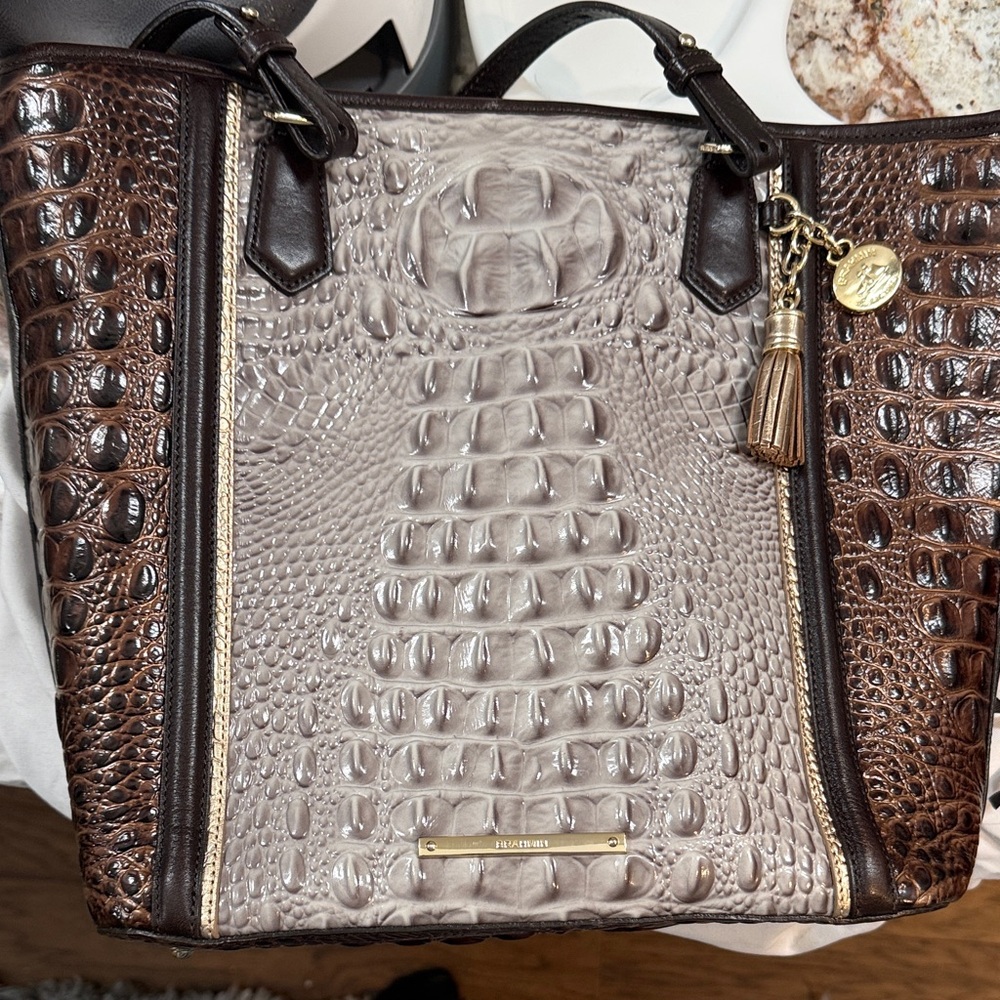 Brahmin Taupe Center with Dark Brown Side Faux-Croc Tote